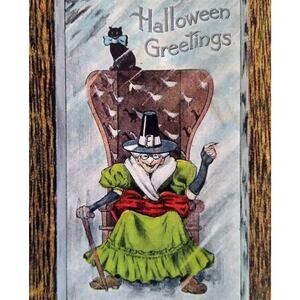 Halloween Postcard Fantasy Seated Witch Black Cat Blue Bow Tie H M Rose TRG 1909